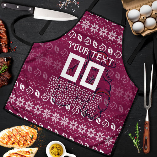 Personalized Brisbane Broncos Christmas Apron Australian Rugby Fans - Pixelated Ugly Xmas Pattern Mascot Santa