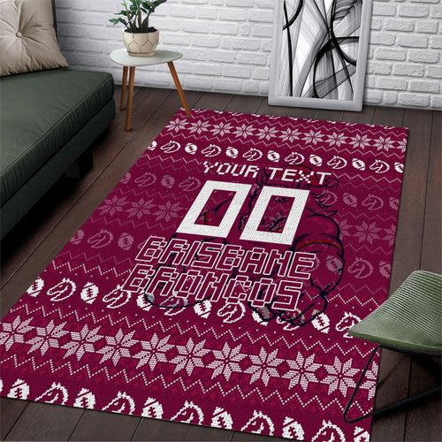 Personalized Brisbane Broncos Christmas Area Rug Australian Rugby Fans - Pixelated Ugly Xmas Pattern Mascot Santa