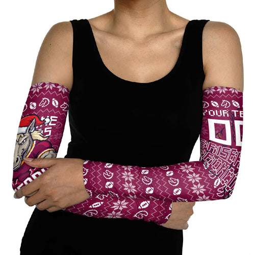 Personalized Brisbane Broncos Christmas Arm Sleeves Australian Rugby Fans - Pixelated Ugly Xmas Pattern Mascot Santa