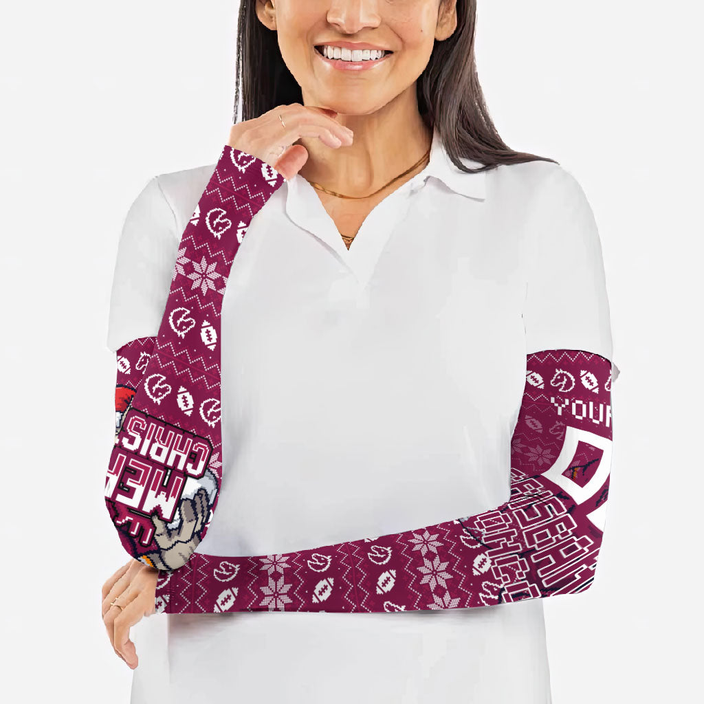 Personalized Brisbane Broncos Christmas Arm Sleeves Australian Rugby Fans - Pixelated Ugly Xmas Pattern Mascot Santa