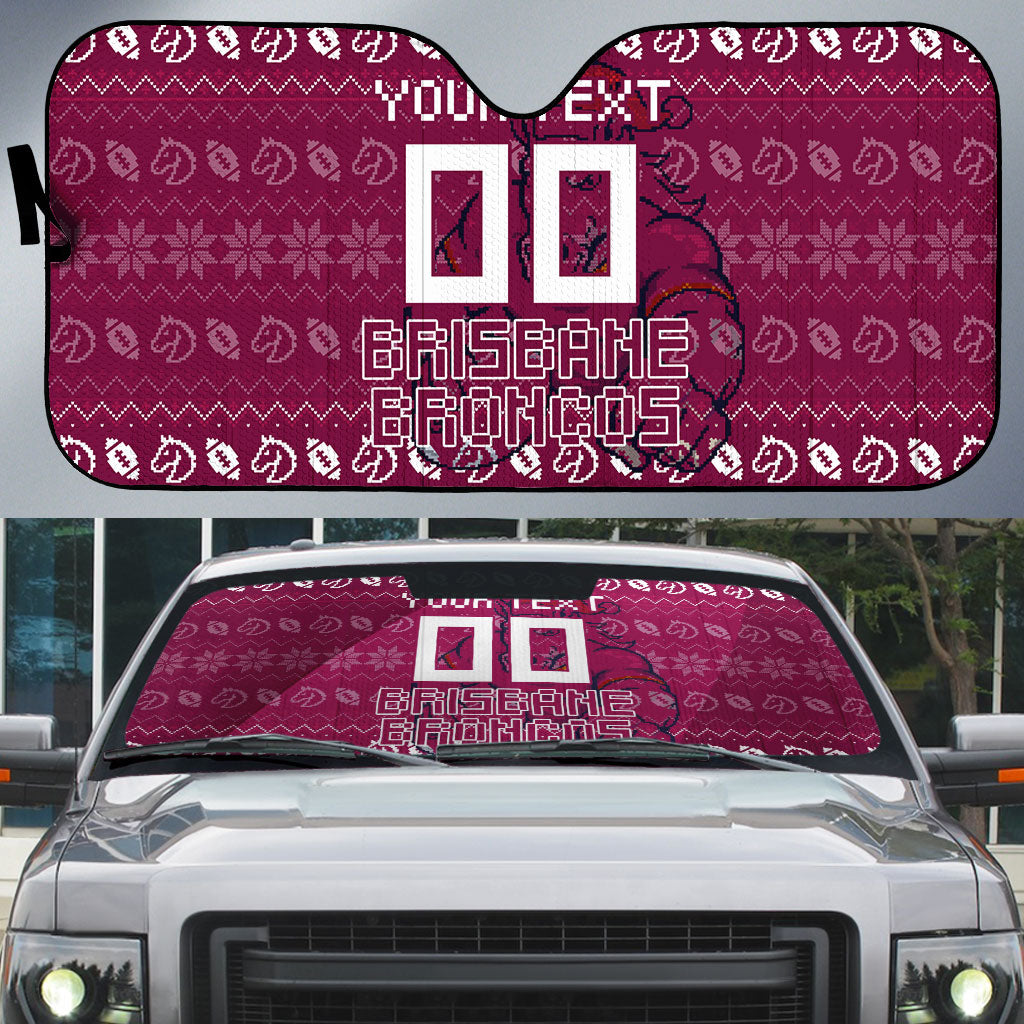 Personalized Brisbane Broncos Christmas Auto Sun Shade Australian Rugby Fans - Pixelated Ugly Xmas Pattern Mascot Santa