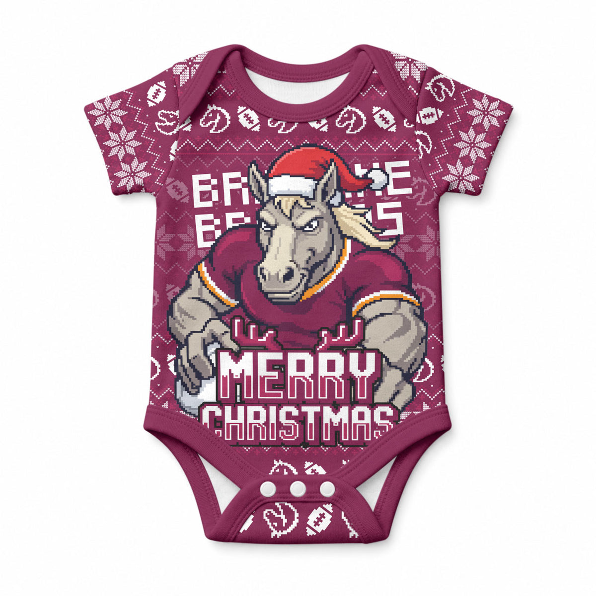 Personalized Brisbane Broncos Christmas Baby Onesie Australian Rugby Fans - Pixelated Ugly Xmas Pattern Mascot Santa