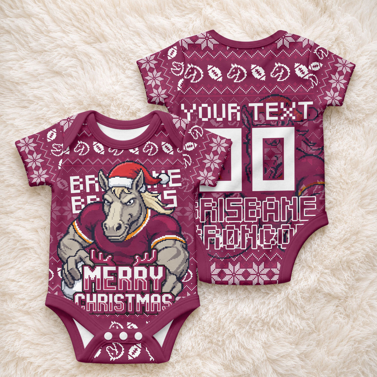 Personalized Brisbane Broncos Christmas Baby Onesie Australian Rugby Fans - Pixelated Ugly Xmas Pattern Mascot Santa