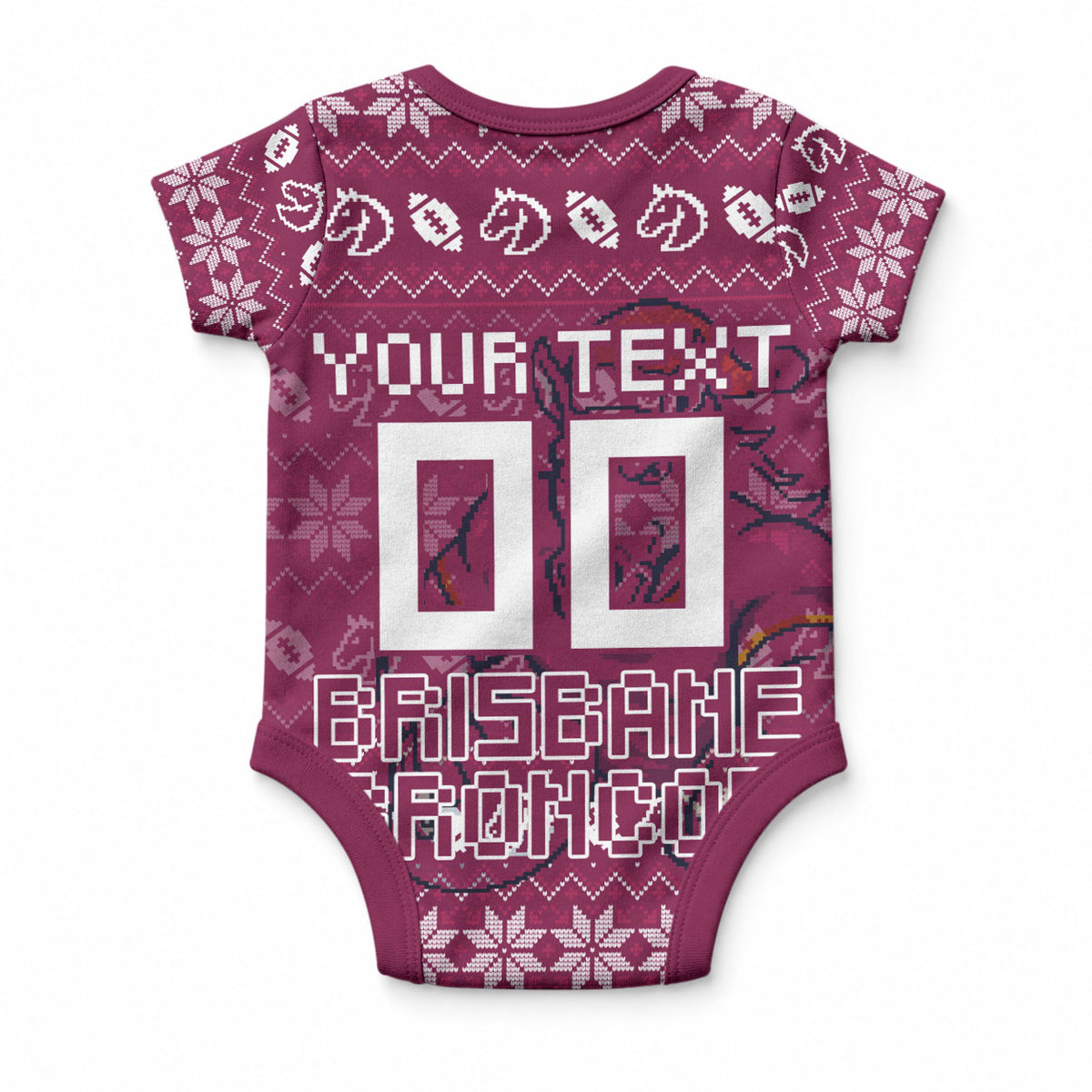 Personalized Brisbane Broncos Christmas Baby Onesie Australian Rugby Fans - Pixelated Ugly Xmas Pattern Mascot Santa