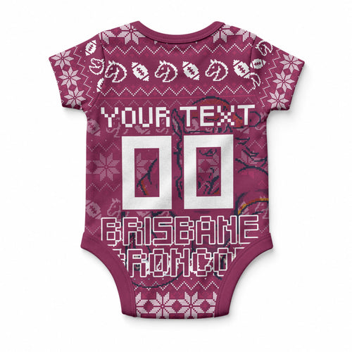 Personalized Brisbane Broncos Christmas Baby Onesie Australian Rugby Fans - Pixelated Ugly Xmas Pattern Mascot Santa