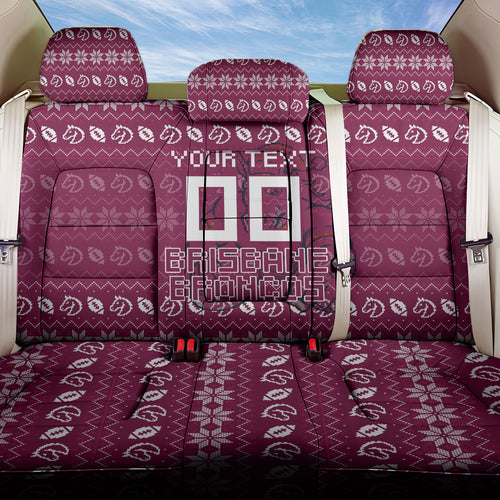 Personalized Brisbane Broncos Christmas Back Car Seat Cover Australian Rugby Fans - Pixelated Ugly Xmas Pattern Mascot Santa