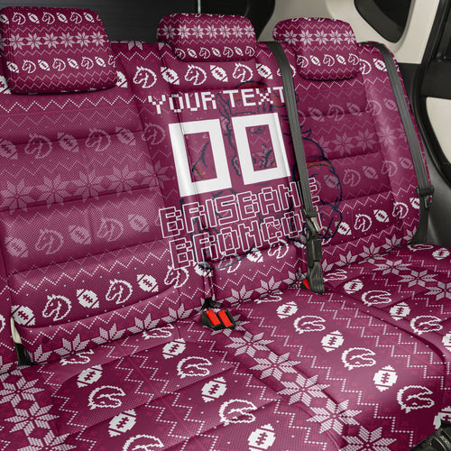Personalized Brisbane Broncos Christmas Back Car Seat Cover Australian Rugby Fans - Pixelated Ugly Xmas Pattern Mascot Santa