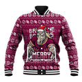 Personalized Brisbane Broncos Christmas Baseball Jacket Australian Rugby Fans - Pixelated Ugly Xmas Pattern Mascot Santa