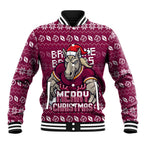 Personalized Brisbane Broncos Christmas Baseball Jacket Australian Rugby Fans - Pixelated Ugly Xmas Pattern Mascot Santa