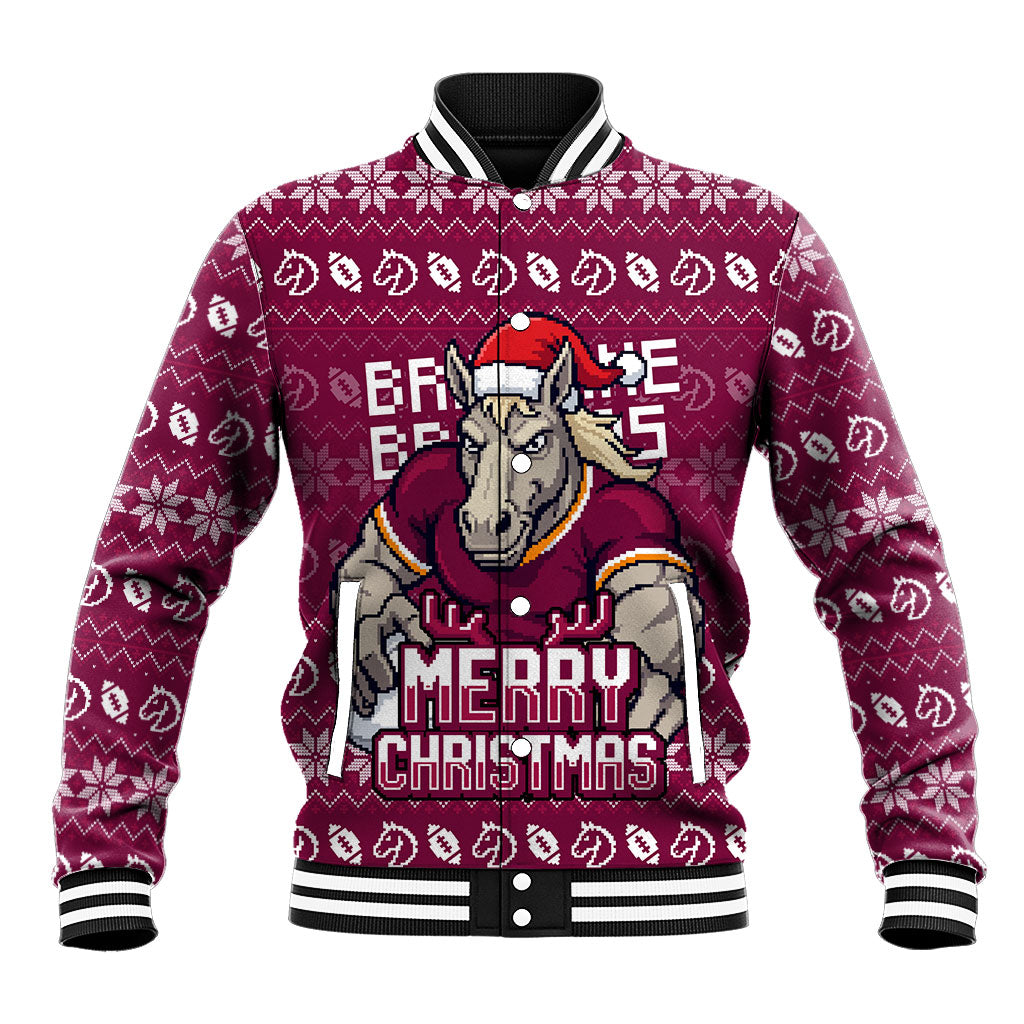 Personalized Brisbane Broncos Christmas Baseball Jacket Australian Rugby Fans - Pixelated Ugly Xmas Pattern Mascot Santa