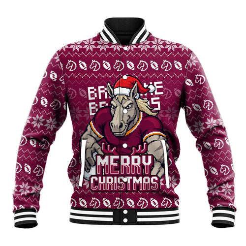 Personalized Brisbane Broncos Christmas Baseball Jacket Australian Rugby Fans - Pixelated Ugly Xmas Pattern Mascot Santa