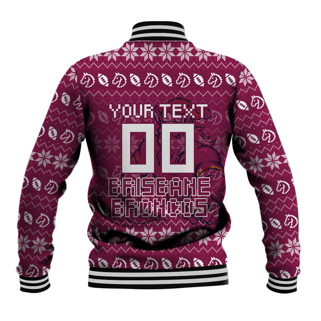 Personalized Brisbane Broncos Christmas Baseball Jacket Australian Rugby Fans - Pixelated Ugly Xmas Pattern Mascot Santa