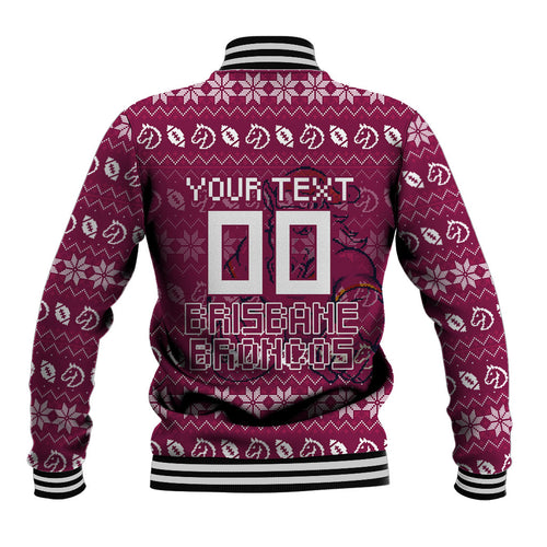 Personalized Brisbane Broncos Christmas Baseball Jacket Australian Rugby Fans - Pixelated Ugly Xmas Pattern Mascot Santa
