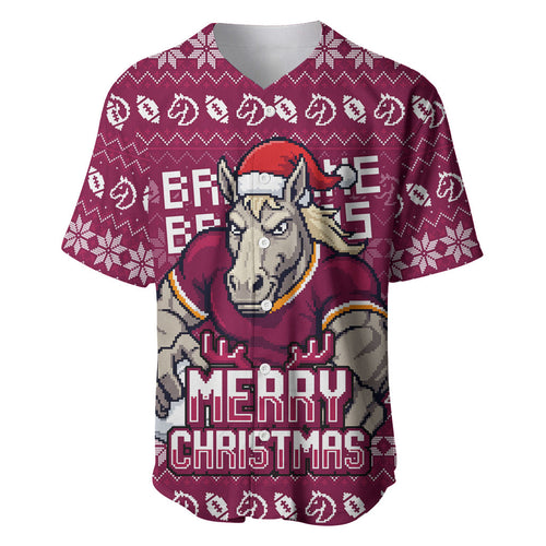 Personalized Brisbane Broncos Christmas Baseball Jersey Australian Rugby Fans - Pixelated Ugly Xmas Pattern Mascot Santa