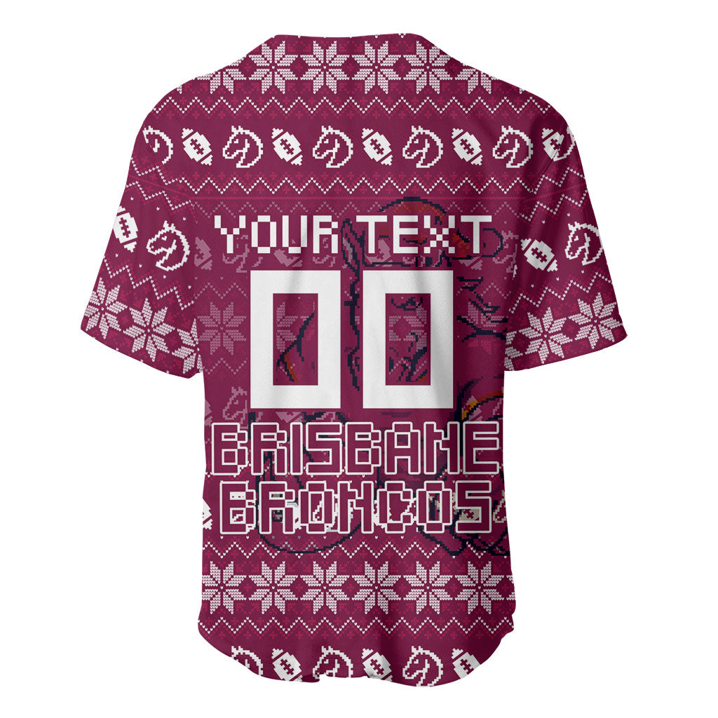 Personalized Brisbane Broncos Christmas Baseball Jersey Australian Rugby Fans - Pixelated Ugly Xmas Pattern Mascot Santa