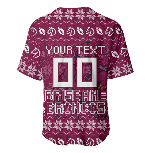 Personalized Brisbane Broncos Christmas Baseball Jersey Australian Rugby Fans - Pixelated Ugly Xmas Pattern Mascot Santa