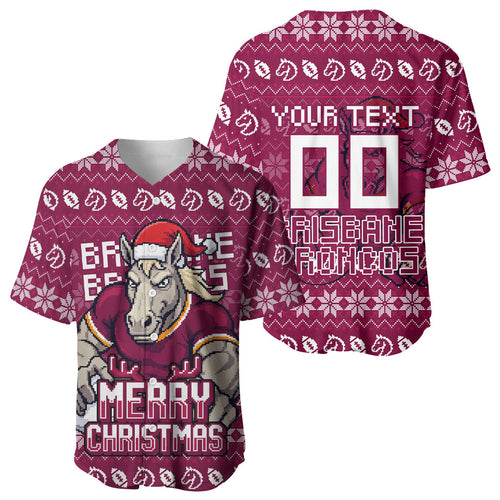 Personalized Brisbane Broncos Christmas Baseball Jersey Australian Rugby Fans - Pixelated Ugly Xmas Pattern Mascot Santa