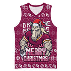 Personalized Brisbane Broncos Christmas Basketball Jersey Australian Rugby Fans - Pixelated Ugly Xmas Pattern Mascot Santa