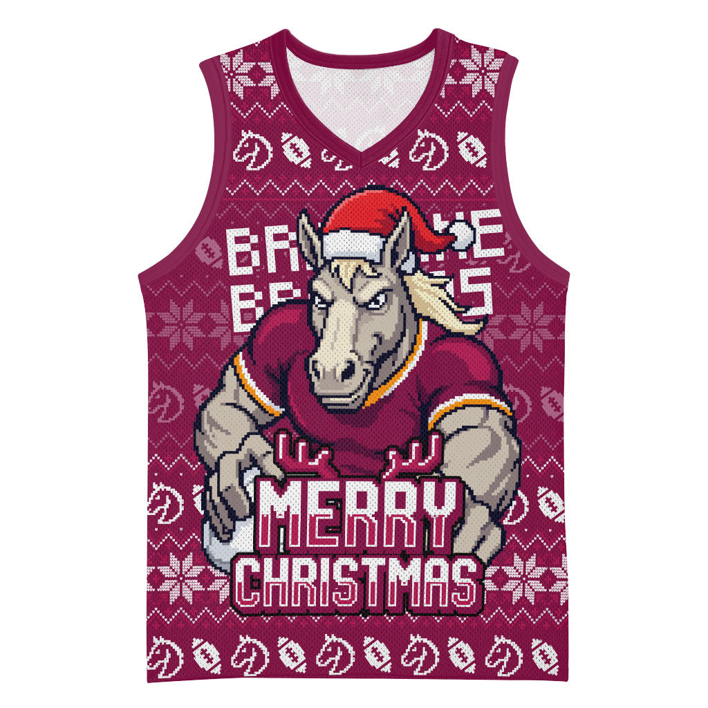 Personalized Brisbane Broncos Christmas Basketball Jersey Australian Rugby Fans - Pixelated Ugly Xmas Pattern Mascot Santa