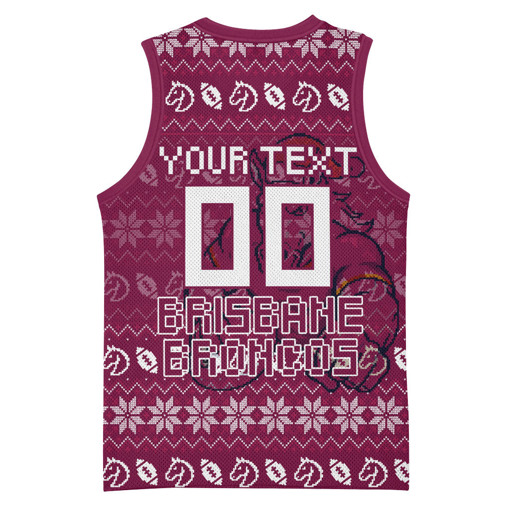 Personalized Brisbane Broncos Christmas Basketball Jersey Australian Rugby Fans - Pixelated Ugly Xmas Pattern Mascot Santa