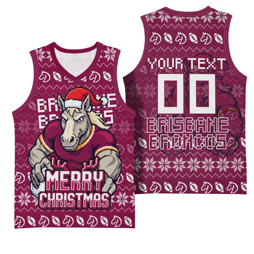 Personalized Brisbane Broncos Christmas Basketball Jersey Australian Rugby Fans - Pixelated Ugly Xmas Pattern Mascot Santa
