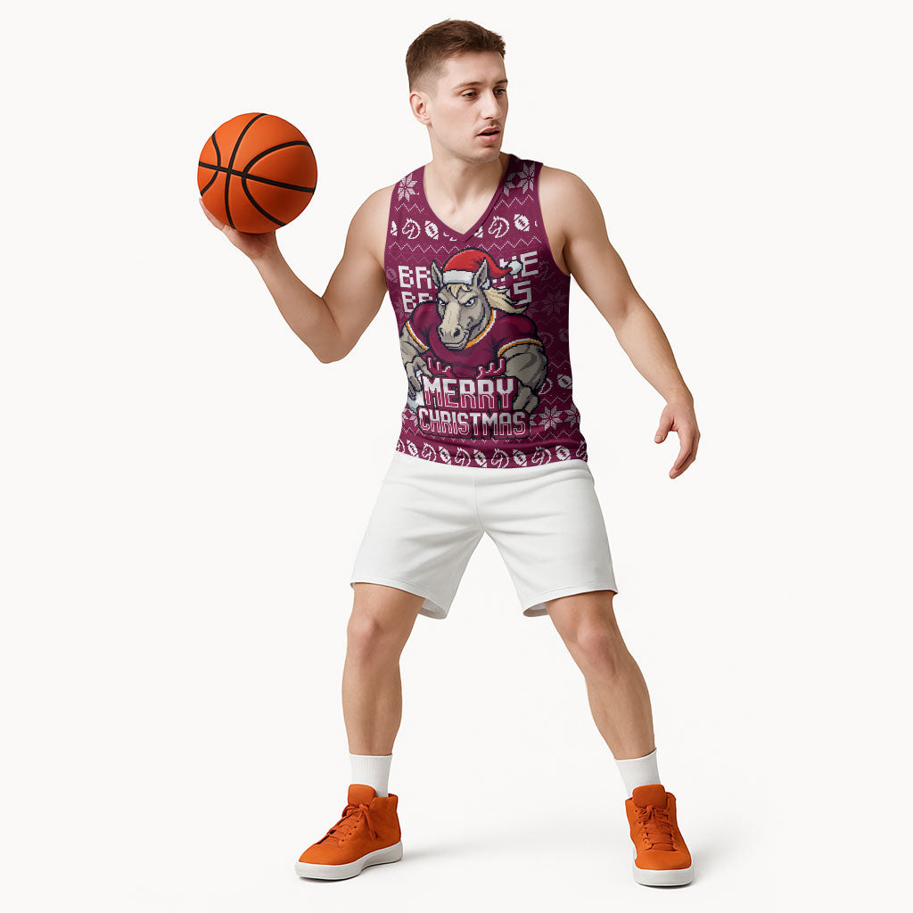 Personalized Brisbane Broncos Christmas Basketball Jersey Australian Rugby Fans - Pixelated Ugly Xmas Pattern Mascot Santa