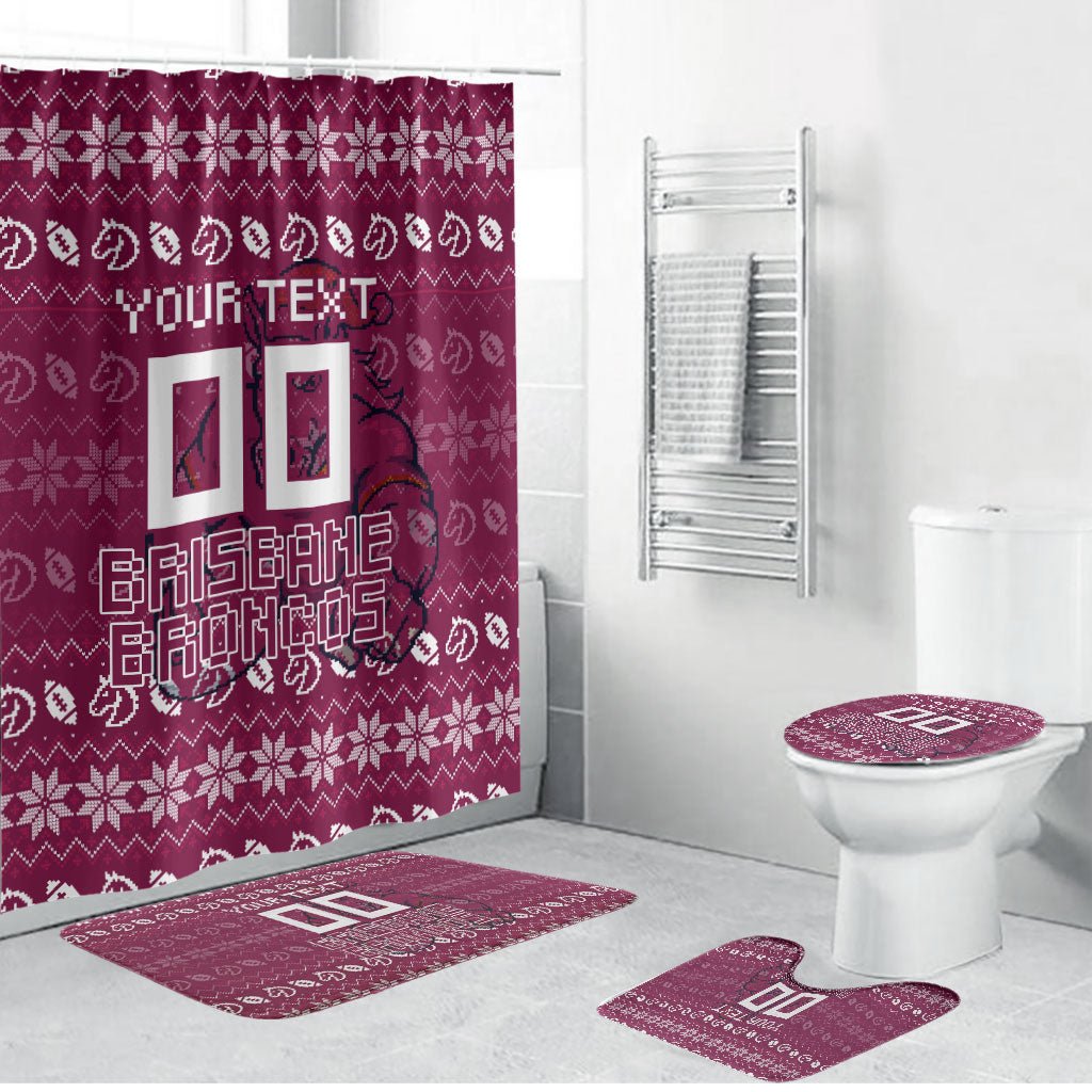 Personalized Brisbane Broncos Christmas Bathroom Set Australian Rugby Fans - Pixelated Ugly Xmas Pattern Mascot Santa