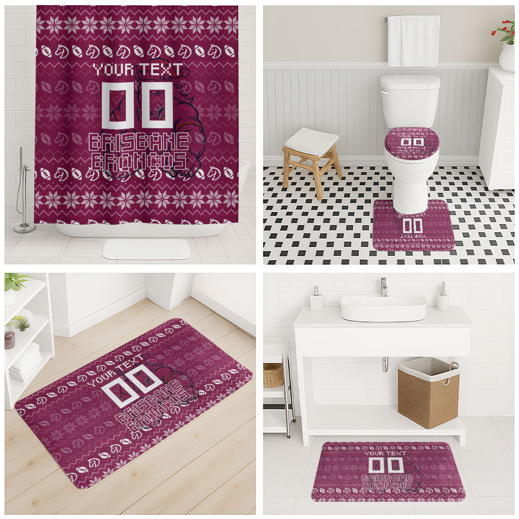 Personalized Brisbane Broncos Christmas Bathroom Set Australian Rugby Fans - Pixelated Ugly Xmas Pattern Mascot Santa