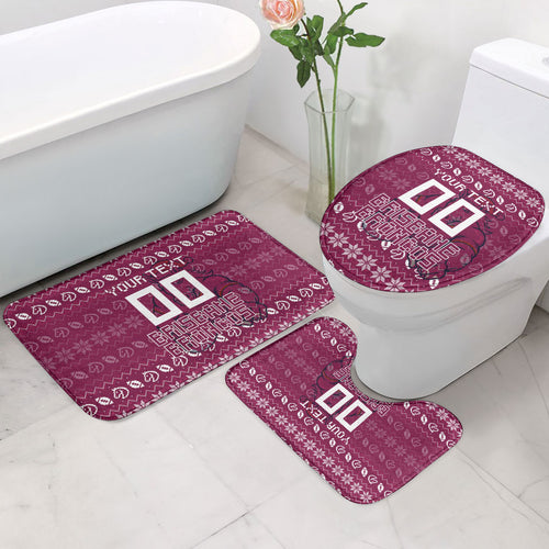 Personalized Brisbane Broncos Christmas Bathroom Set Australian Rugby Fans - Pixelated Ugly Xmas Pattern Mascot Santa