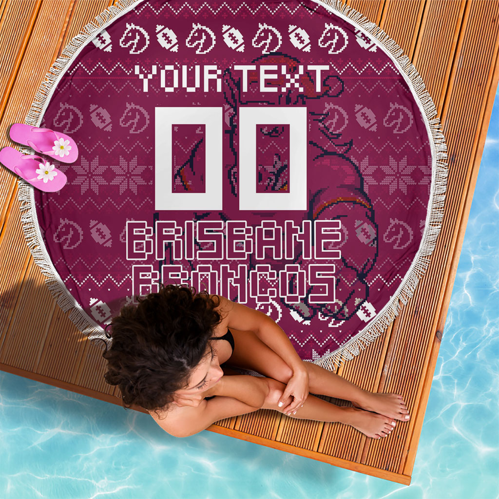 Personalized Brisbane Broncos Christmas Beach Blanket Australian Rugby Fans - Pixelated Ugly Xmas Pattern Mascot Santa