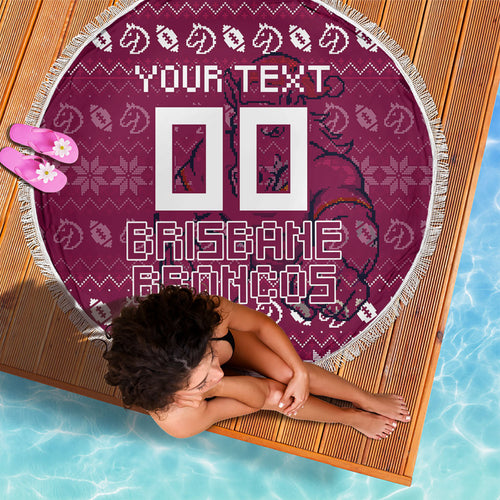 Personalized Brisbane Broncos Christmas Beach Blanket Australian Rugby Fans - Pixelated Ugly Xmas Pattern Mascot Santa