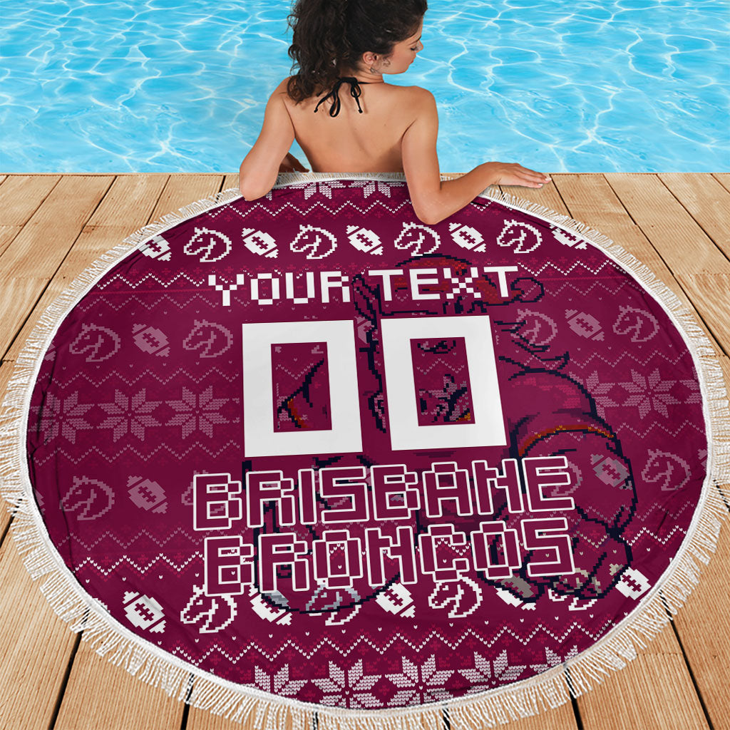 Personalized Brisbane Broncos Christmas Beach Blanket Australian Rugby Fans - Pixelated Ugly Xmas Pattern Mascot Santa