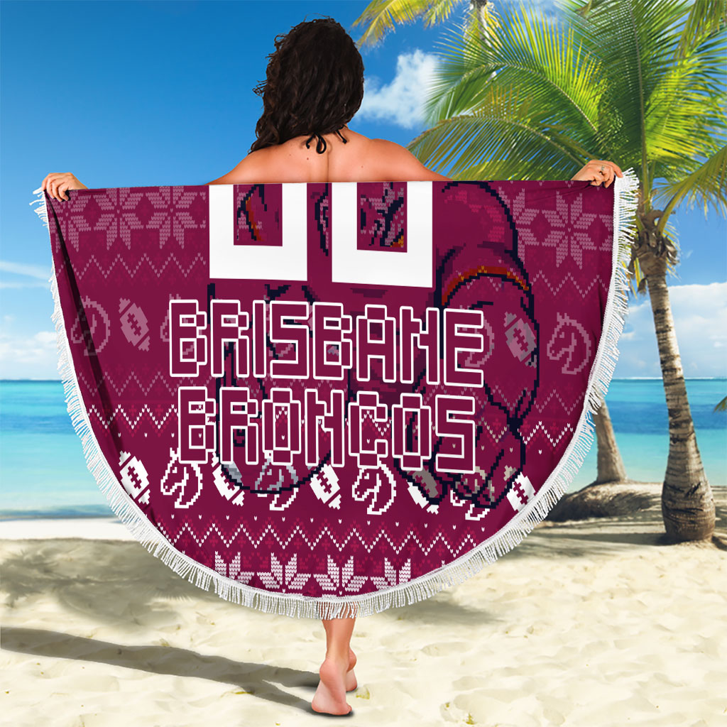 Personalized Brisbane Broncos Christmas Beach Blanket Australian Rugby Fans - Pixelated Ugly Xmas Pattern Mascot Santa
