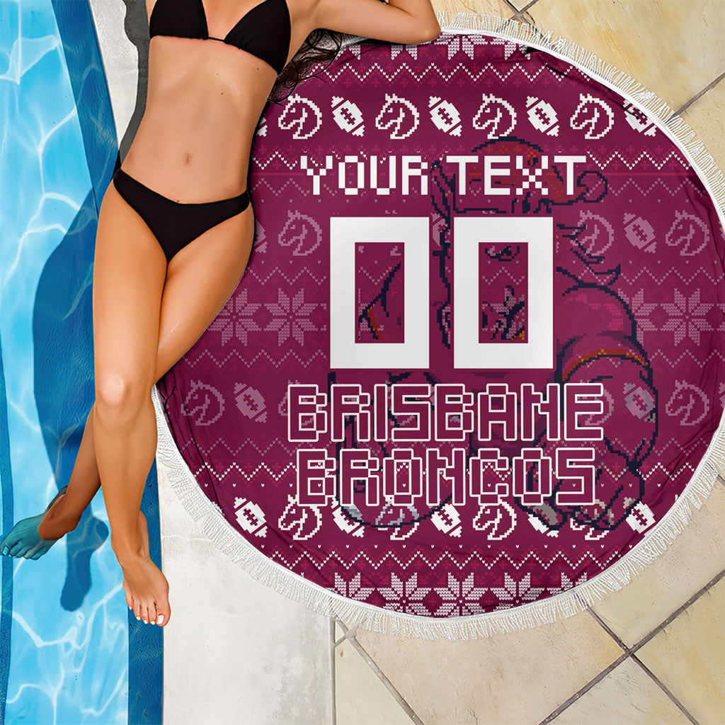 Personalized Brisbane Broncos Christmas Beach Blanket Australian Rugby Fans - Pixelated Ugly Xmas Pattern Mascot Santa