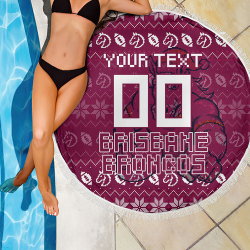 Personalized Brisbane Broncos Christmas Beach Blanket Australian Rugby Fans - Pixelated Ugly Xmas Pattern Mascot Santa