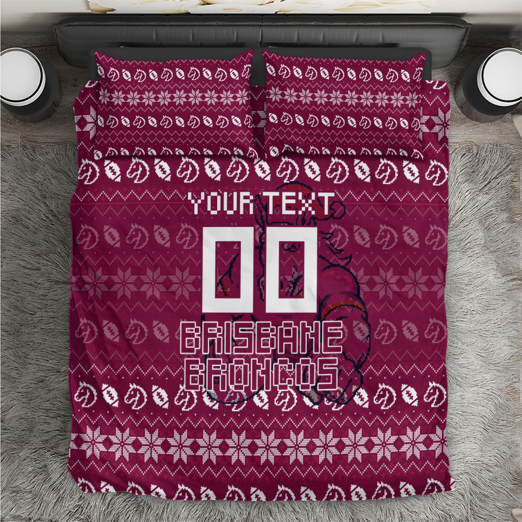 Personalized Brisbane Broncos Christmas Bedding Set Australian Rugby Fans - Pixelated Ugly Xmas Pattern Mascot Santa