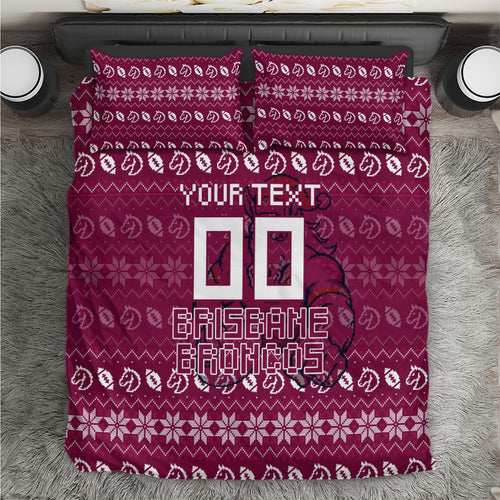 Personalized Brisbane Broncos Christmas Bedding Set Australian Rugby Fans - Pixelated Ugly Xmas Pattern Mascot Santa
