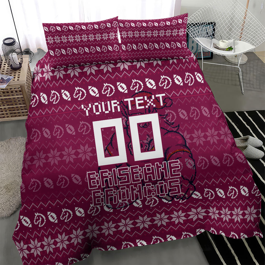 Personalized Brisbane Broncos Christmas Bedding Set Australian Rugby Fans - Pixelated Ugly Xmas Pattern Mascot Santa