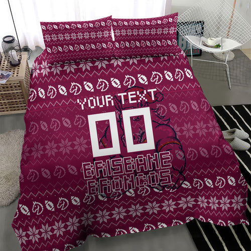 Personalized Brisbane Broncos Christmas Bedding Set Australian Rugby Fans - Pixelated Ugly Xmas Pattern Mascot Santa