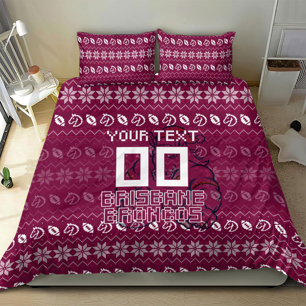 Personalized Brisbane Broncos Christmas Bedding Set Australian Rugby Fans - Pixelated Ugly Xmas Pattern Mascot Santa