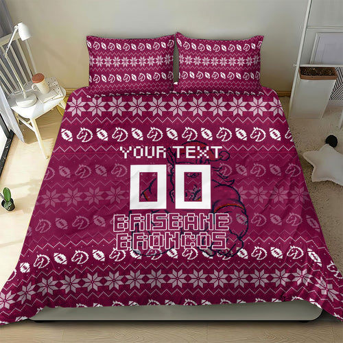 Personalized Brisbane Broncos Christmas Bedding Set Australian Rugby Fans - Pixelated Ugly Xmas Pattern Mascot Santa