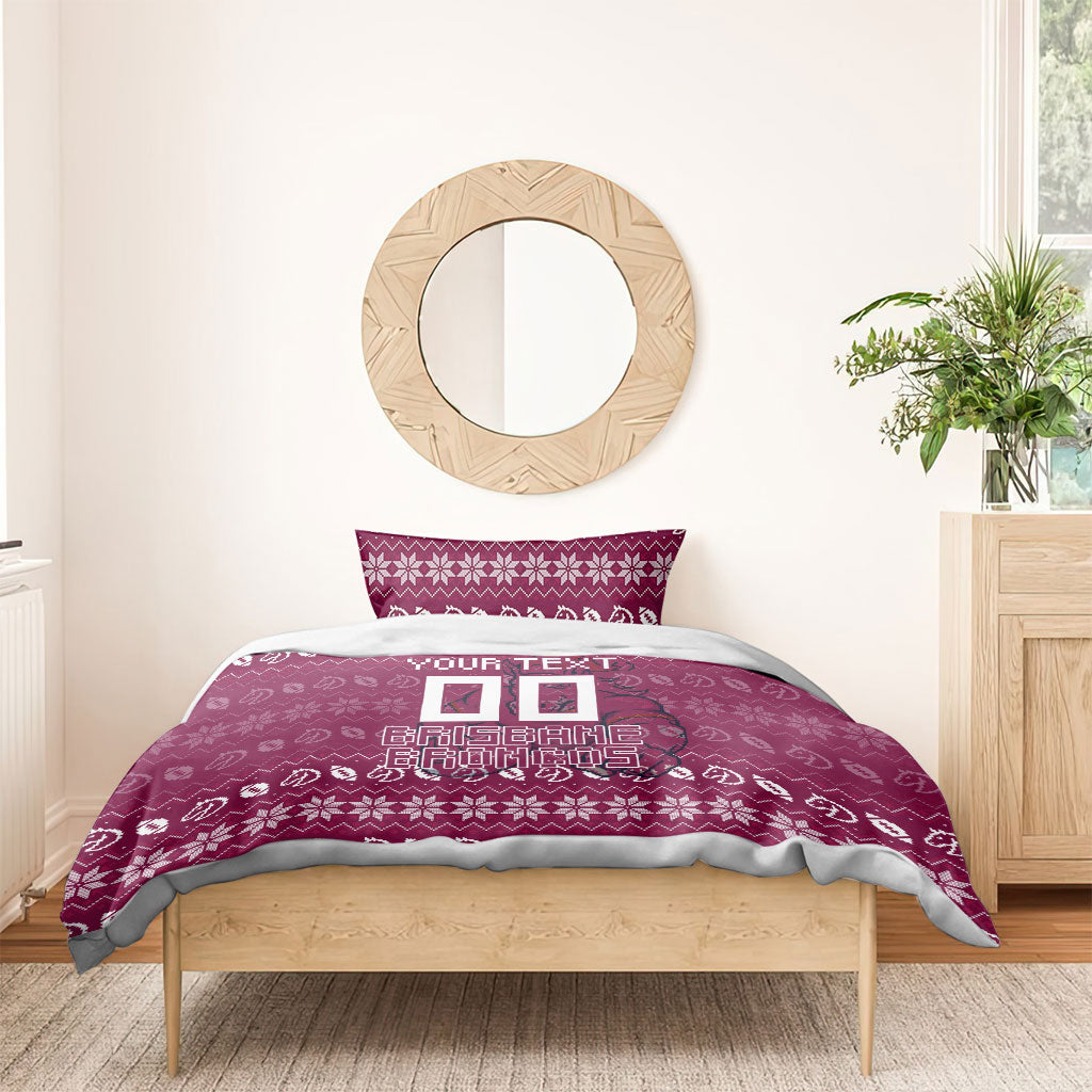 Personalized Brisbane Broncos Christmas Bedding Set Australian Rugby Fans - Pixelated Ugly Xmas Pattern Mascot Santa