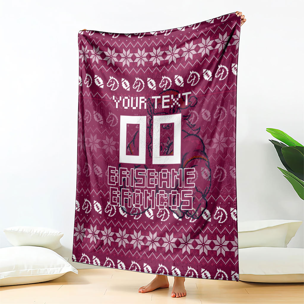 Personalized Brisbane Broncos Christmas Blanket Australian Rugby Fans - Pixelated Ugly Xmas Pattern Mascot Santa