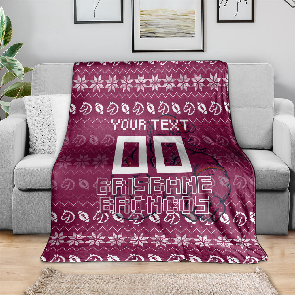 Personalized Brisbane Broncos Christmas Blanket Australian Rugby Fans - Pixelated Ugly Xmas Pattern Mascot Santa