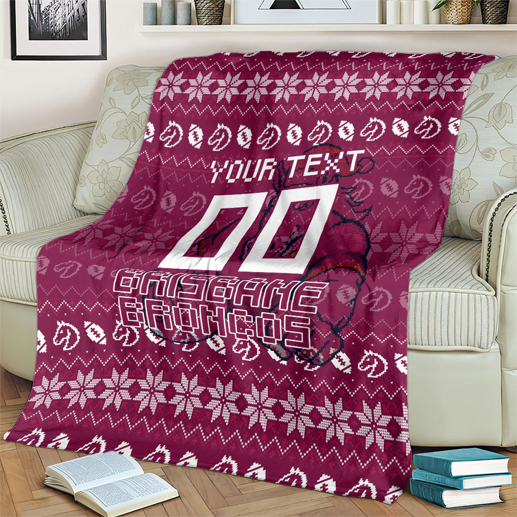 Personalized Brisbane Broncos Christmas Blanket Australian Rugby Fans - Pixelated Ugly Xmas Pattern Mascot Santa
