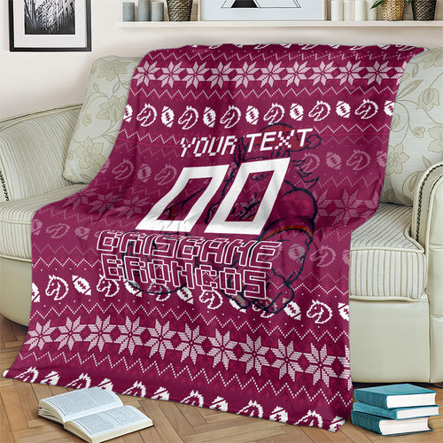 Personalized Brisbane Broncos Christmas Blanket Australian Rugby Fans - Pixelated Ugly Xmas Pattern Mascot Santa