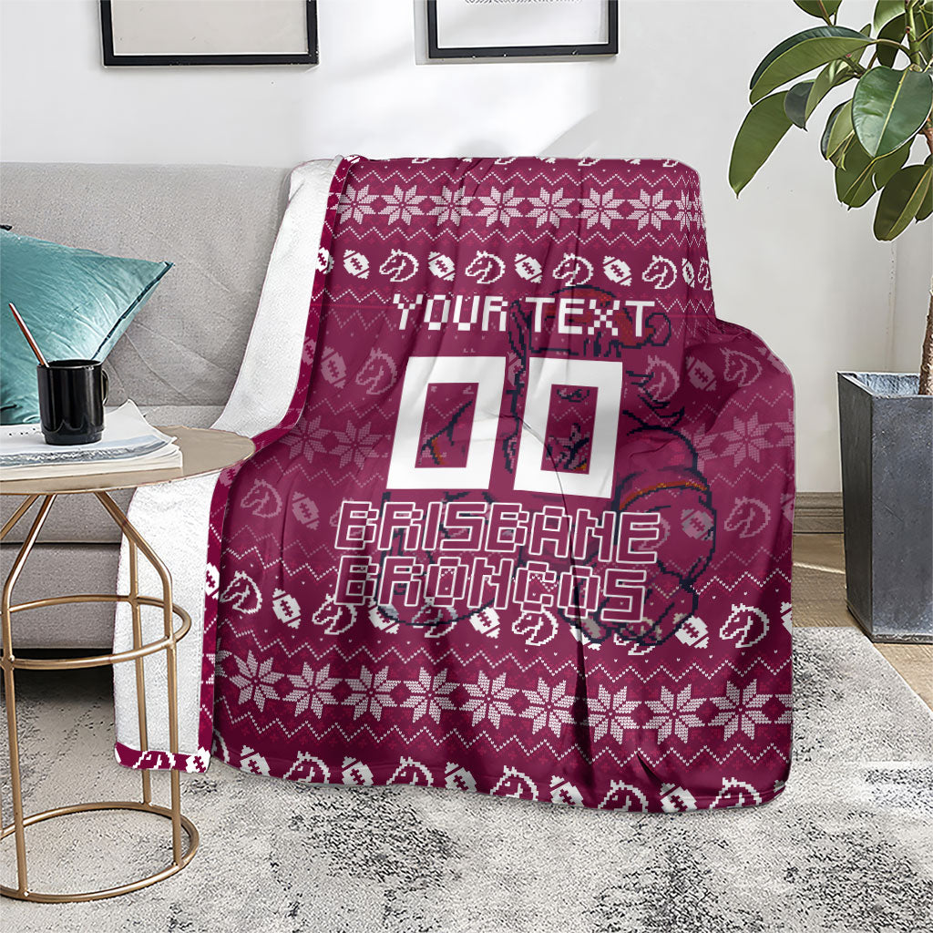 Personalized Brisbane Broncos Christmas Blanket Australian Rugby Fans - Pixelated Ugly Xmas Pattern Mascot Santa