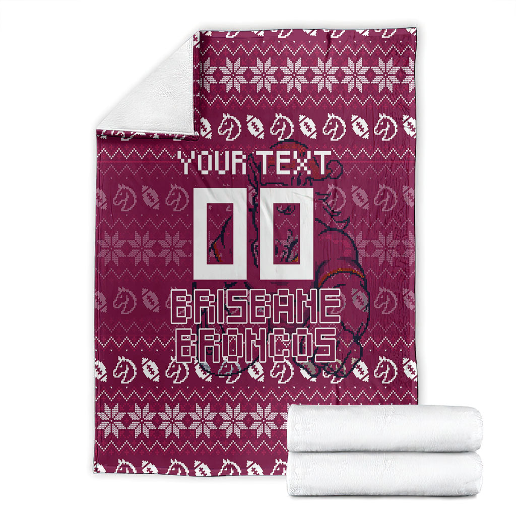 Personalized Brisbane Broncos Christmas Blanket Australian Rugby Fans - Pixelated Ugly Xmas Pattern Mascot Santa