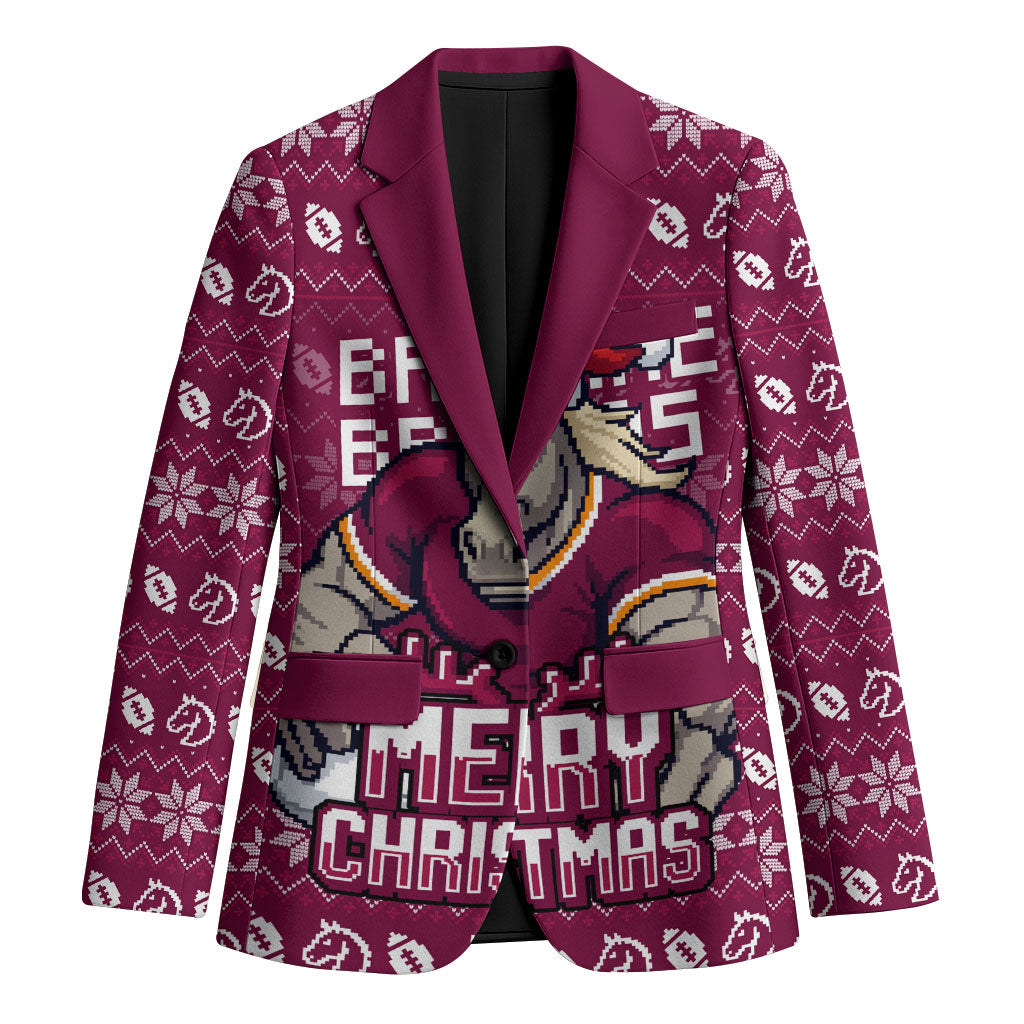 Personalized Brisbane Broncos Christmas Blazer Australian Rugby Fans - Pixelated Ugly Xmas Pattern Mascot Santa