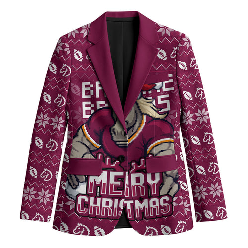 Personalized Brisbane Broncos Christmas Blazer Australian Rugby Fans - Pixelated Ugly Xmas Pattern Mascot Santa